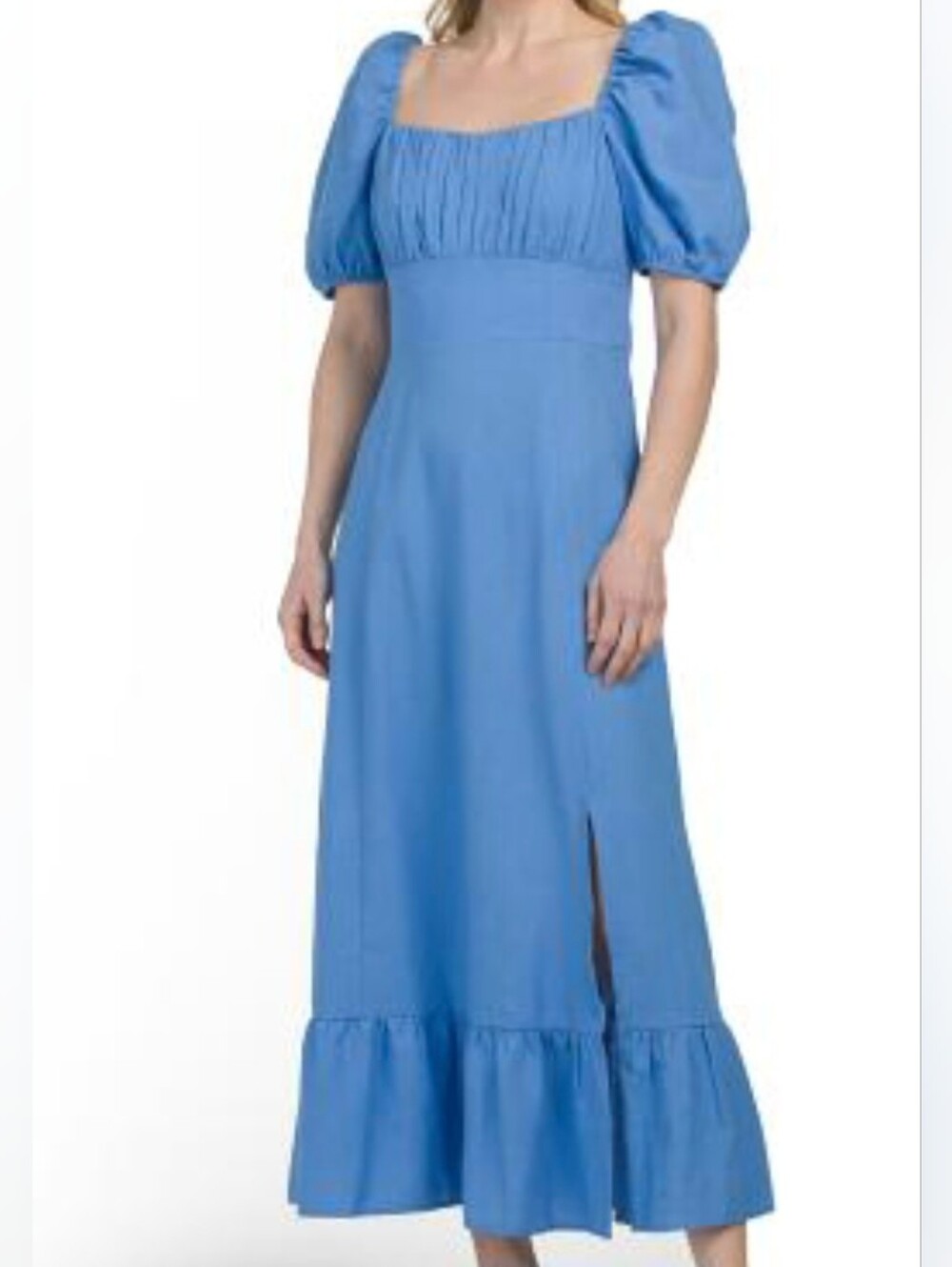 NWT - London Times Linen Blend Puff-Sleeve Square Neck Blue Midi Dress - Size 12